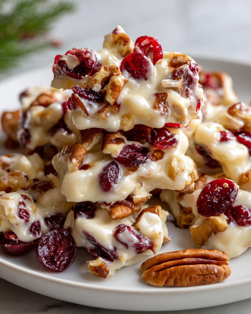 A stack of delicious White Chocolate Cranberry Pecan Clusters on a white plate, with a pecan in the foreground.