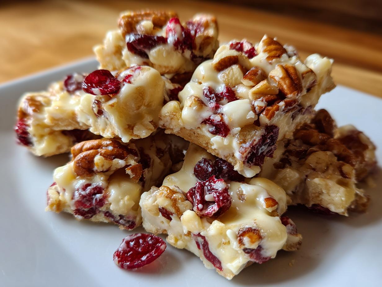 A pile of delicious White Chocolate Cranberry Pecan Clusters on a white plate, showcasing the creamy white chocolate, tart cranberries, and crunchy pecans.
