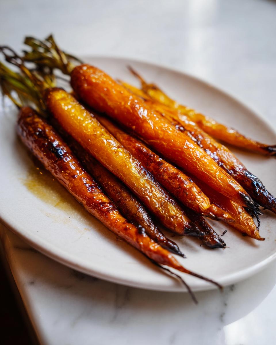 A close-up of several whole, roasted honey glazed carrots with slightly charred tips and green stems on a white plate.