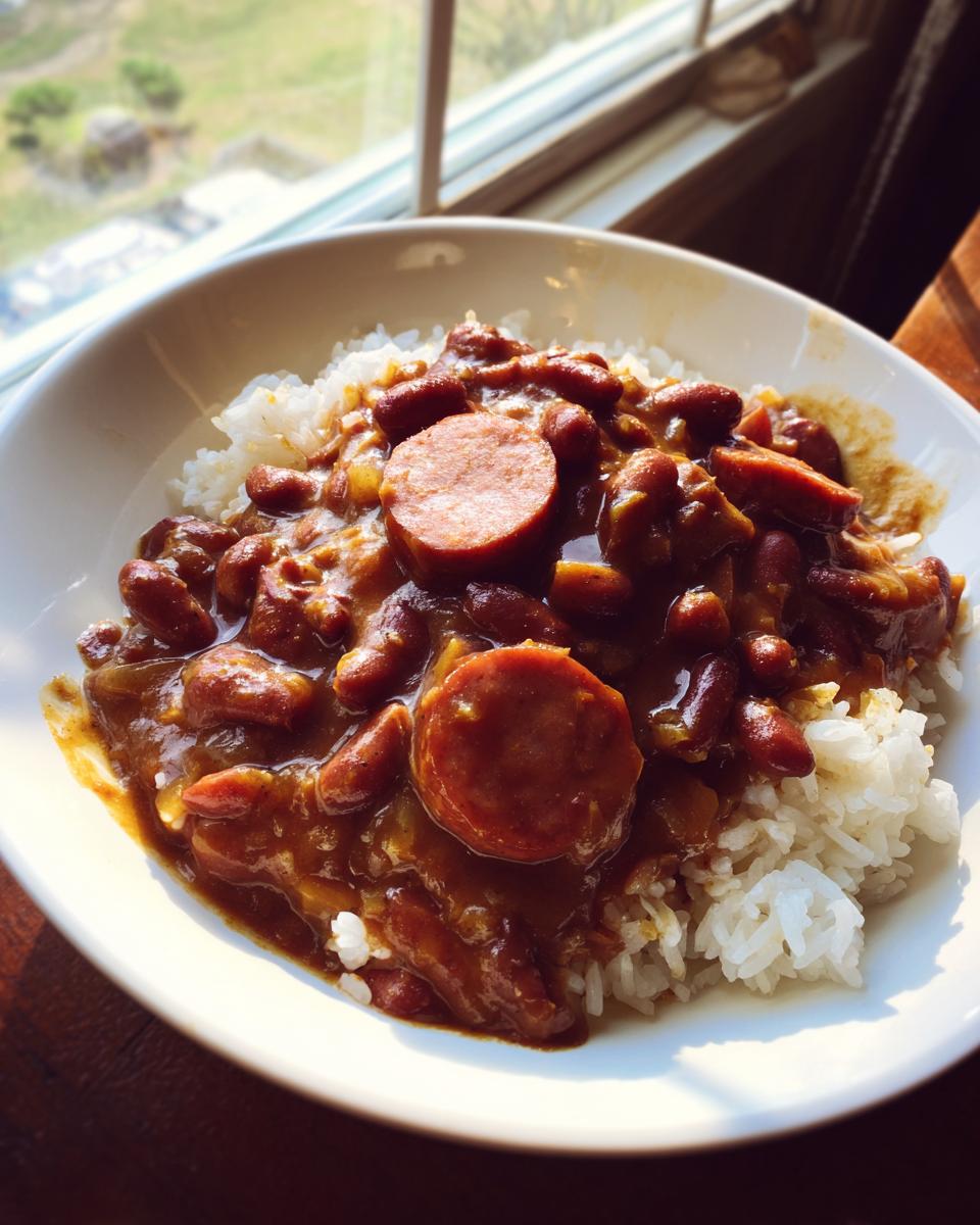 A close-up of a bowl of amazing 1-Pot red beans and rice served over white rice, topped with sliced sausage.