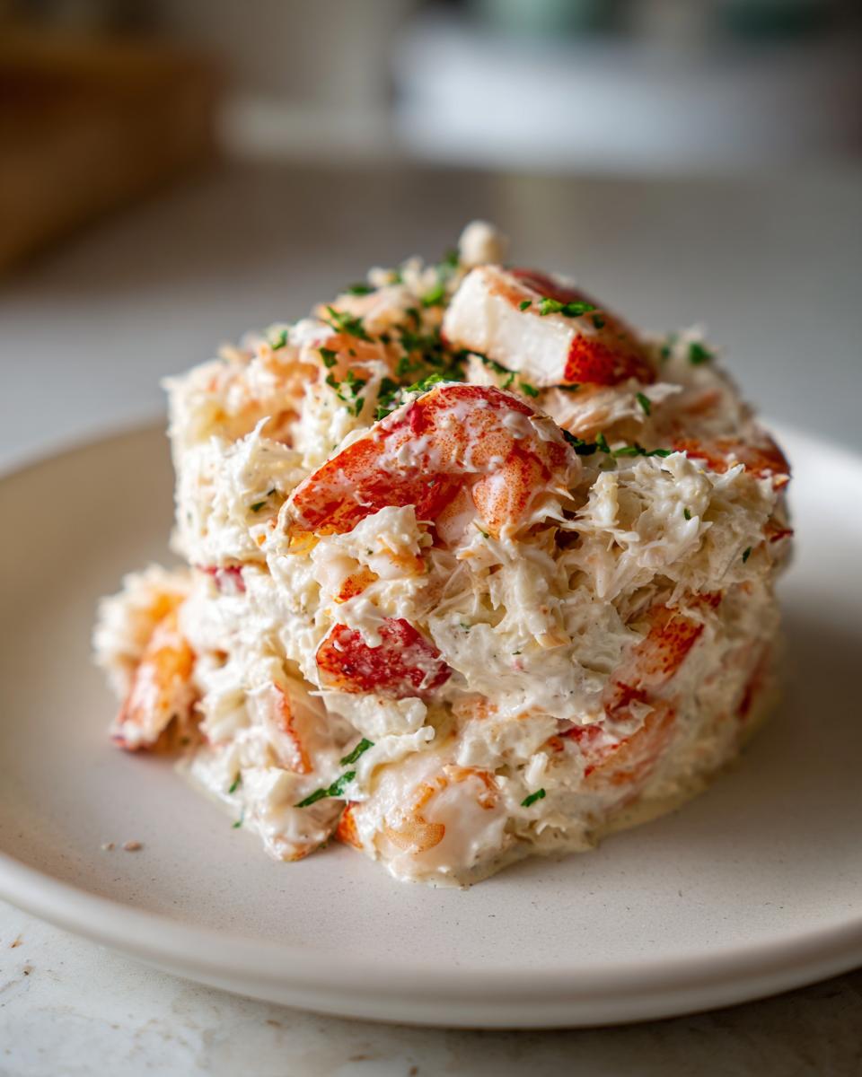 A decadent mound of creamy seafood salad featuring visible chunks of red lobster meat, garnished with herbs.