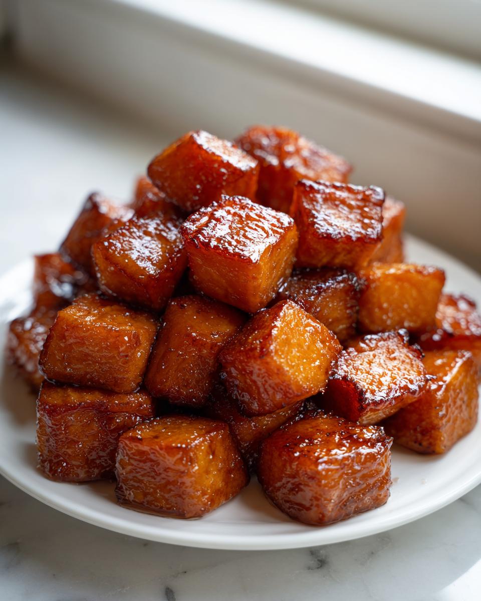 A pile of perfectly glazed and crispy roast sweet potatoes cubes stacked on a white plate.