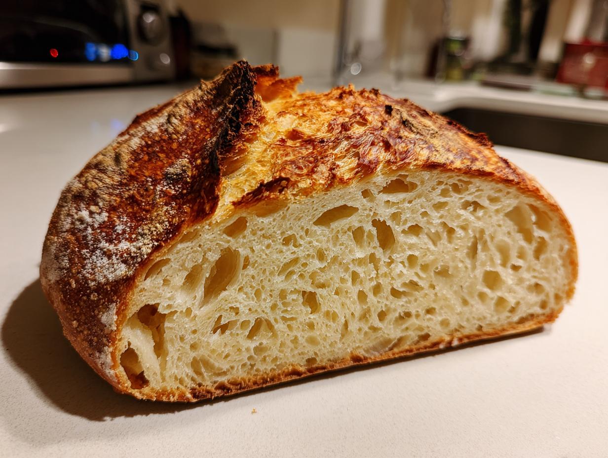 Cross-section of homemade bread showing a beautiful open crumb structure and dark, crispy crust.