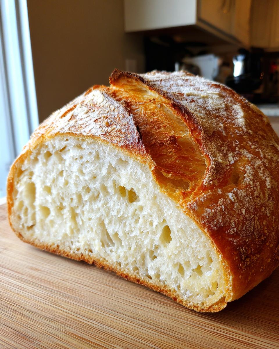 Close-up of a freshly baked loaf of artisan bread, showing the airy crumb and golden crust.