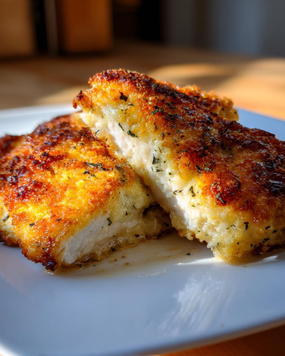 Close-up of a golden-brown, crispy caesar chicken cutlet sliced in half showing the moist white interior.
