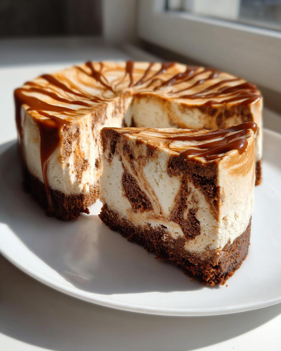 A rich slice of biscoff cheesecake with a dark crust, marbled filling, and caramel drizzle, sitting next to the rest of the cake.