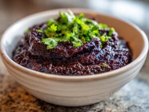 Close-up of a bowl filled with thick, dark purple black bean dip, garnished with fresh chopped cilantro.