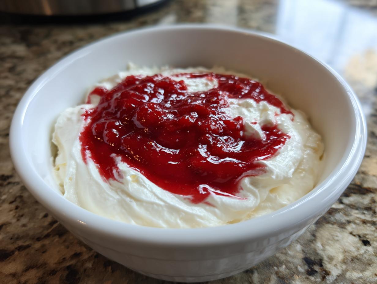 A white bowl filled with creamy white strawberry cheesecake dip, topped with a swirl of bright red strawberry topping.
