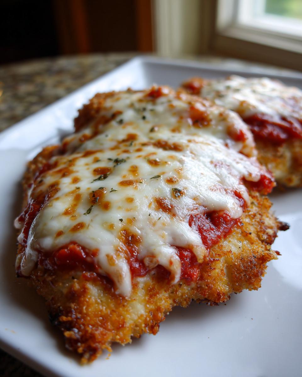 Close-up of crispy breaded chicken topped with marinara sauce and melted mozzarella cheese, ready to eat air fryer chicken parmesan.