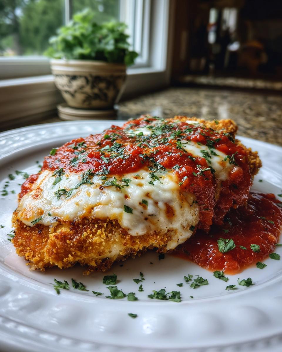 Close-up of crispy air fryer chicken parmesan topped with melted mozzarella and marinara sauce, garnished with parsley.