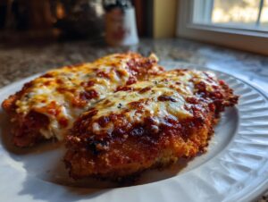 Two golden-brown pieces of air fryer chicken parmesan topped with melted mozzarella and marinara sauce.
