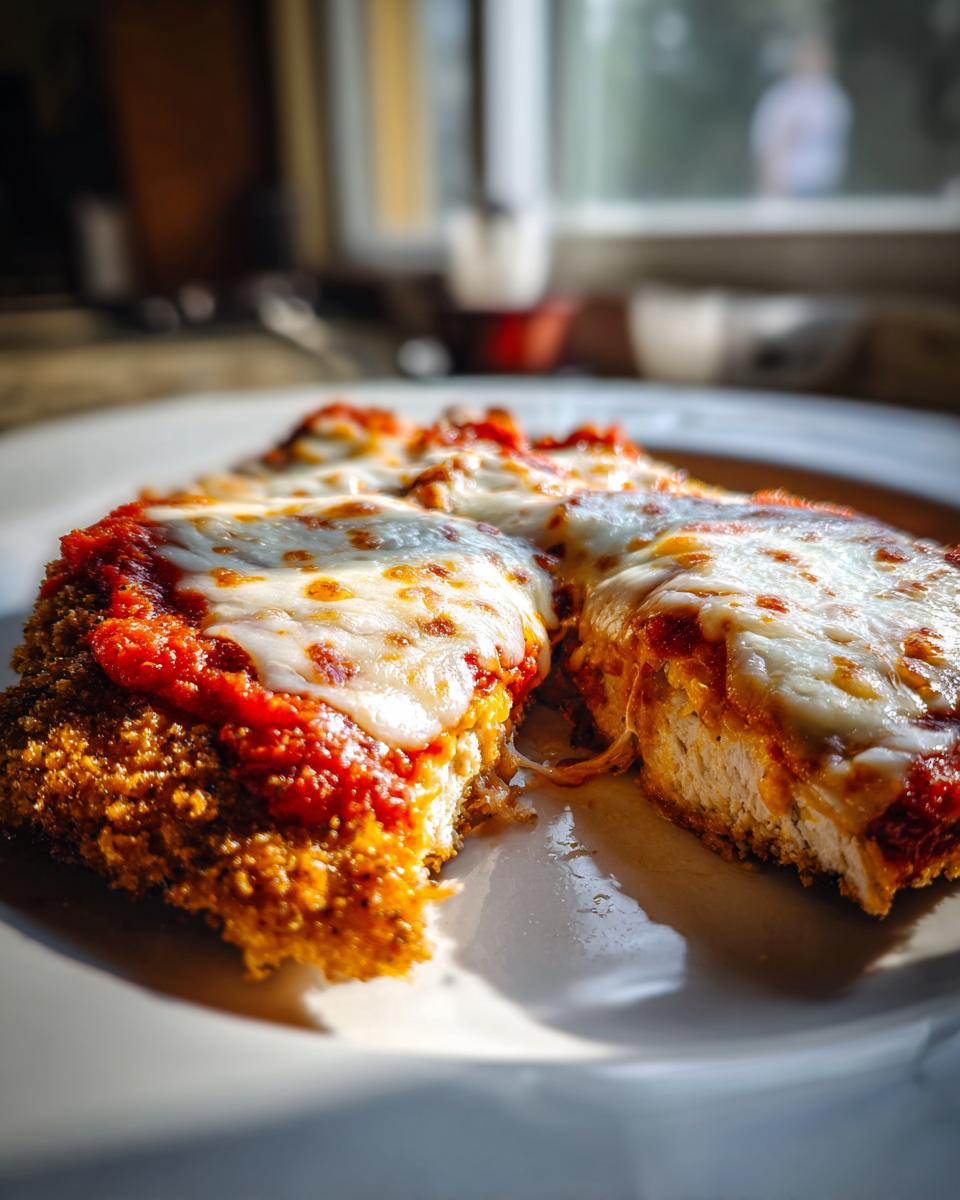 Two slices of crispy, breaded air fryer chicken parmesan topped with melted mozzarella and marinara sauce.