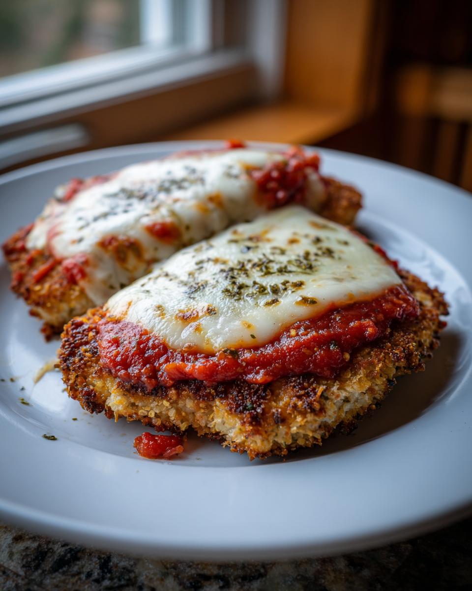Two breaded cutlets of air fryer chicken parmesan topped with marinara sauce and melted mozzarella cheese.