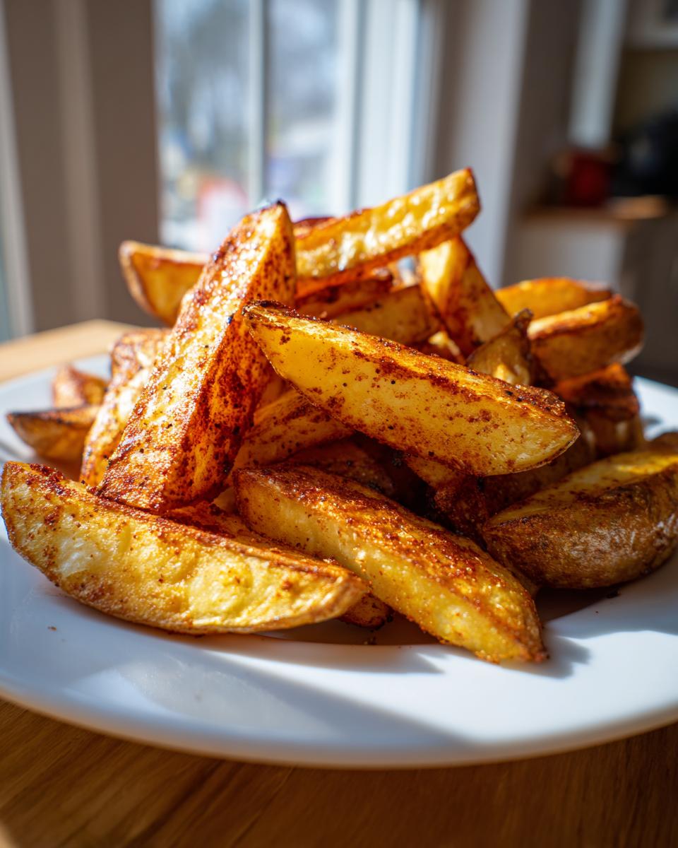 A close-up, sunlit pile of golden, seasoned air fryer potato wedges served on a white plate.
