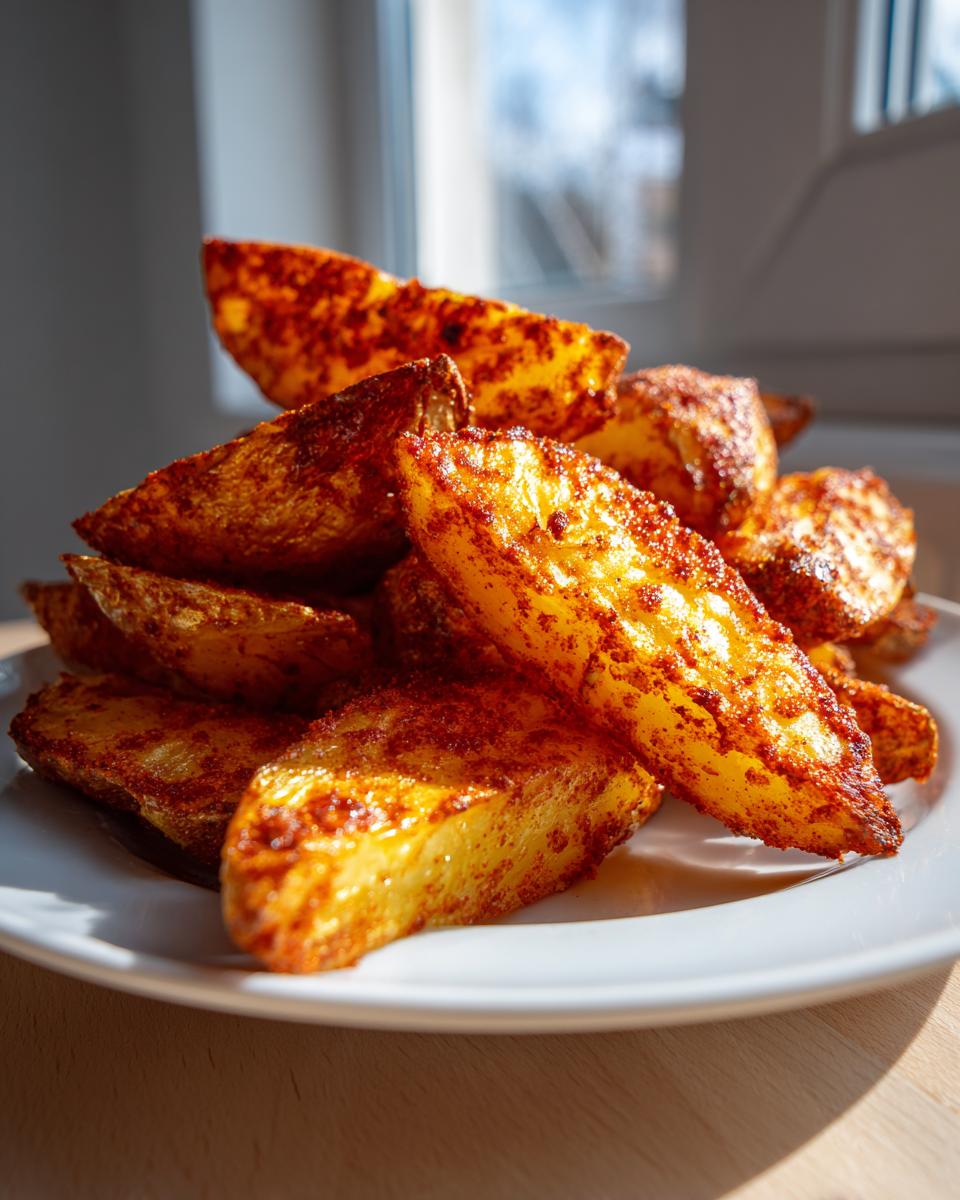 A close-up stack of golden brown, seasoned air fryer potato wedges piled high on a white plate.