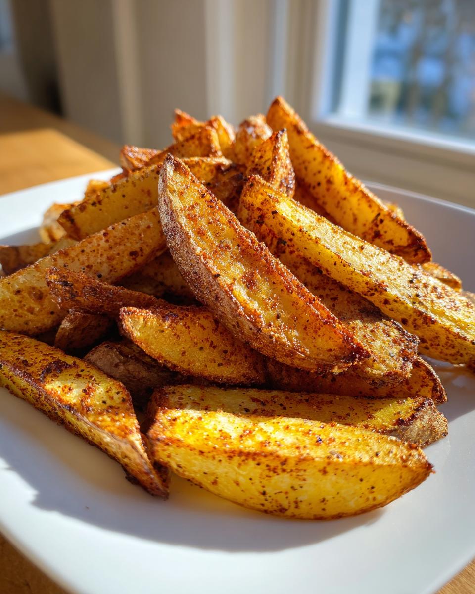 Close-up of golden brown, seasoned air fryer potato wedges piled high on a white plate, catching sunlight.