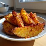 Close-up of golden, crispy air fryer potato wedges heavily coated in reddish-brown seasoning on a white plate.