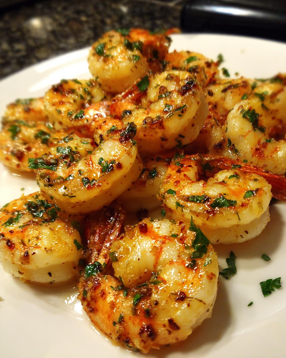 Close-up of juicy, seasoned air fryer shrimp piled on a white plate, garnished with fresh parsley.