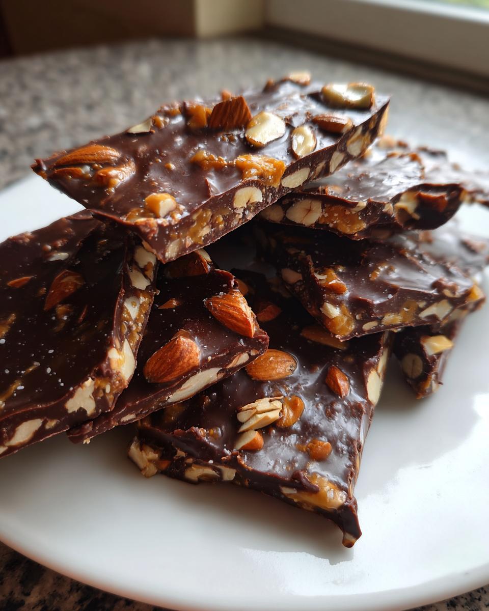 Close-up of broken pieces of rich chocolate toffee recipe bark topped with crunchy almonds.