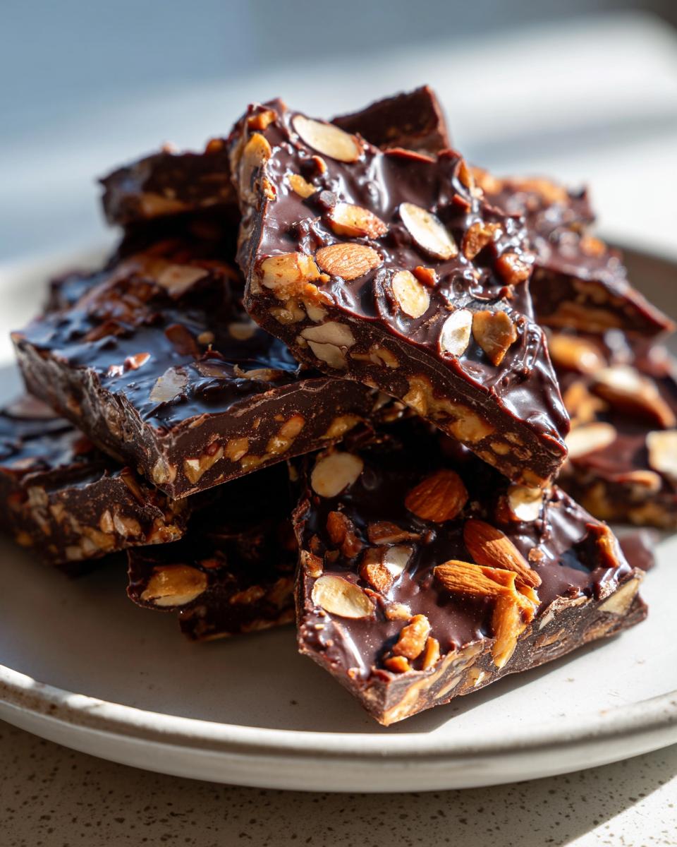 Close-up of stacked pieces of rich, dark chocolate toffee recipe loaded with crunchy almonds.