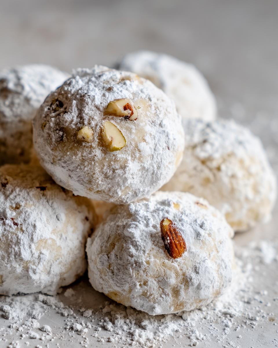 A close-up stack of buttery russian tea cakes heavily dusted with powdered sugar, featuring visible almond pieces.