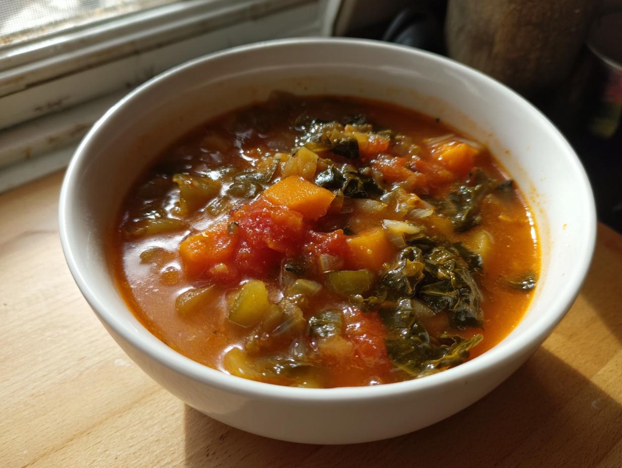 A close-up of a white bowl filled with rich, vegetable-packed minestrone soup, featuring tomatoes and dark greens.