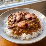 A close-up of a white bowl filled with fluffy white rice topped generously with rich, savory red beans and rice and sliced andouille sausage.
