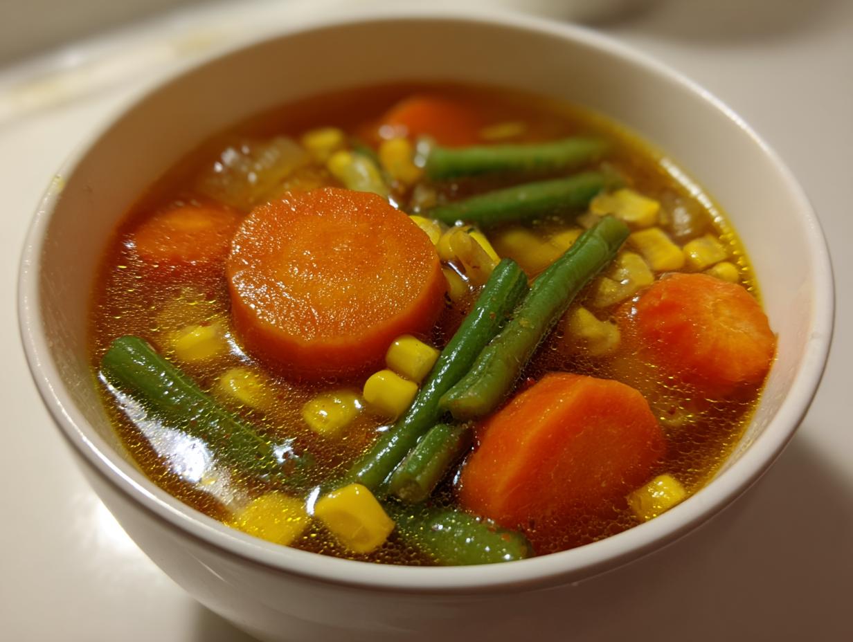 Close-up of a white bowl filled with vibrant vegetable soup featuring large carrot slices, green beans, and corn kernels.