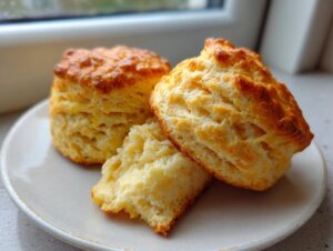 Close-up of two golden brown, tall, and fluffy scones, one broken open to show the interior texture.