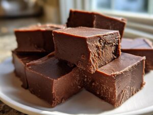 Close-up of rich, dark chocolate fudge squares stacked on a white plate, highlighting the creamy texture of the fudge.