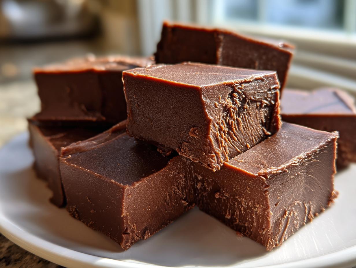 Close-up of rich, dark chocolate fudge squares stacked on a white plate, highlighting the creamy texture of the fudge.