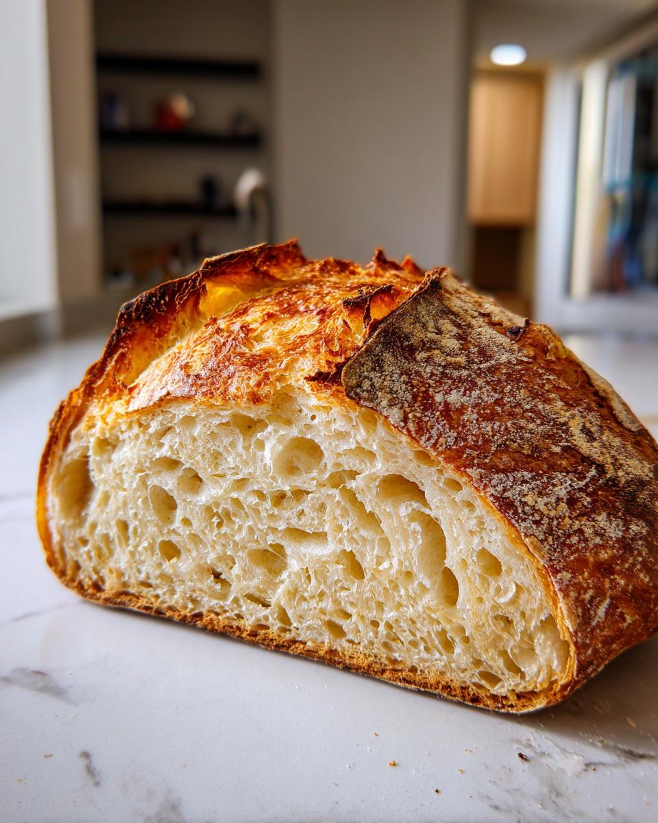 Cross-section of homemade bread showing a light, airy crumb structure and golden crust.
