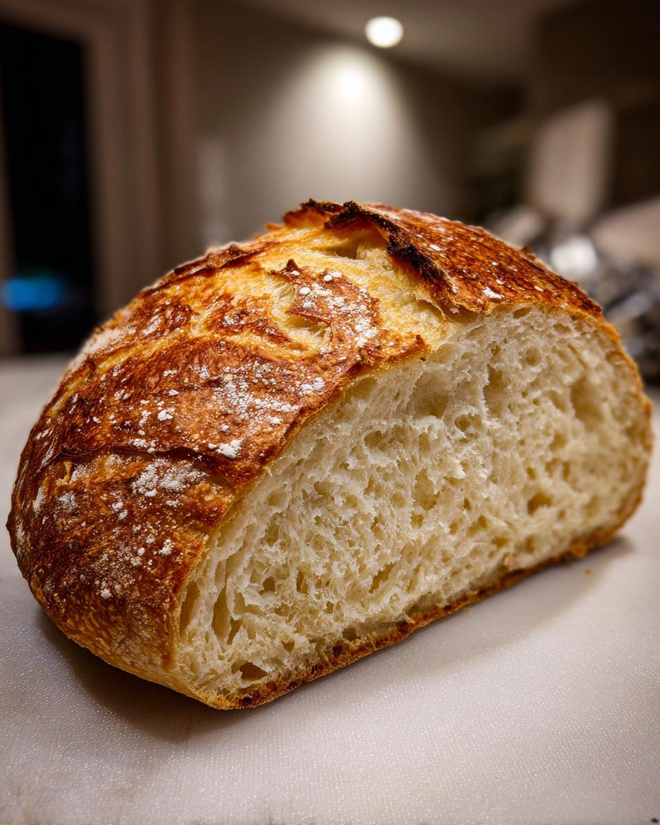 Close-up of a rustic loaf of 4-ingredient bread, showing a golden, cracked crust and an airy interior crumb.