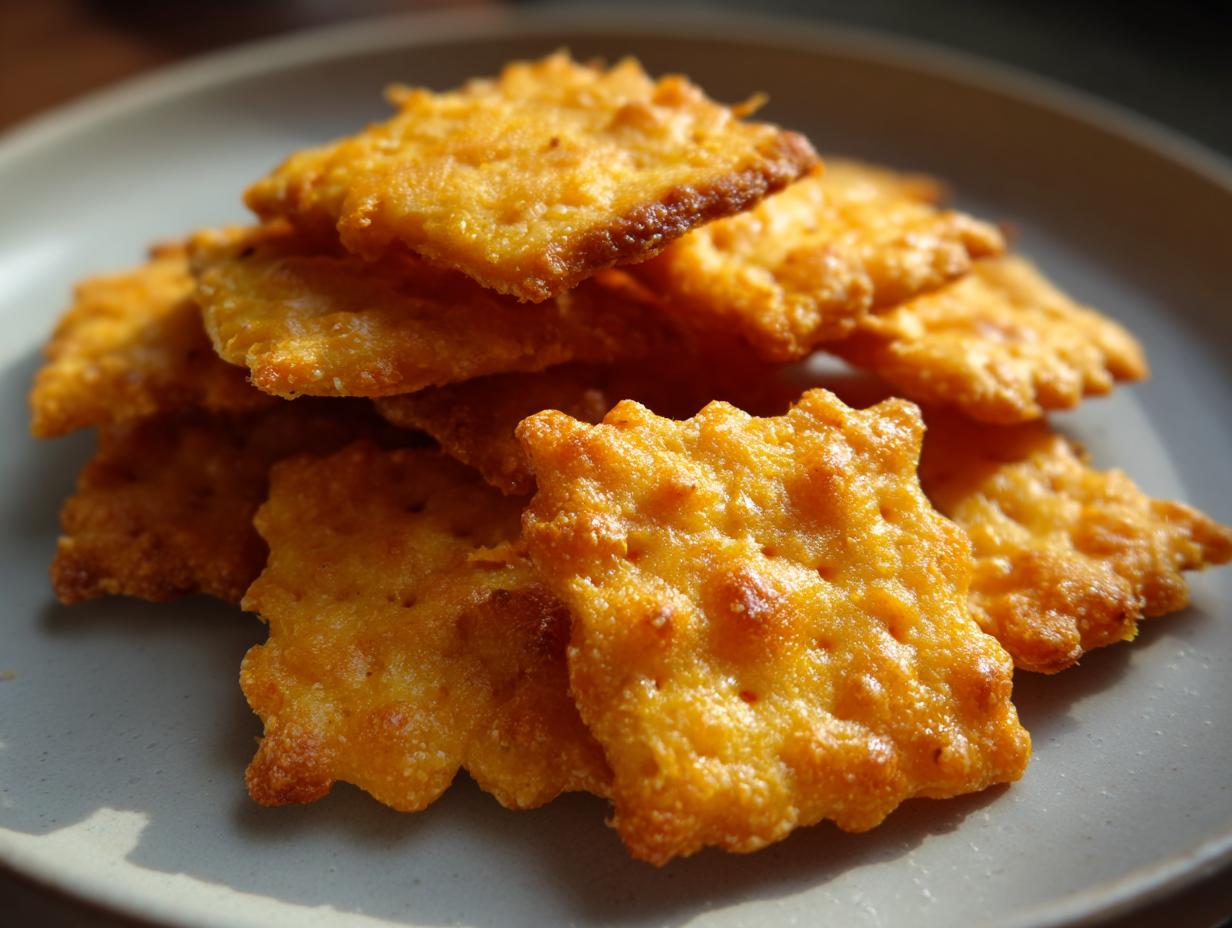 A close-up stack of golden, homemade cheese crackers with ruffled edges resting on a light gray plate.