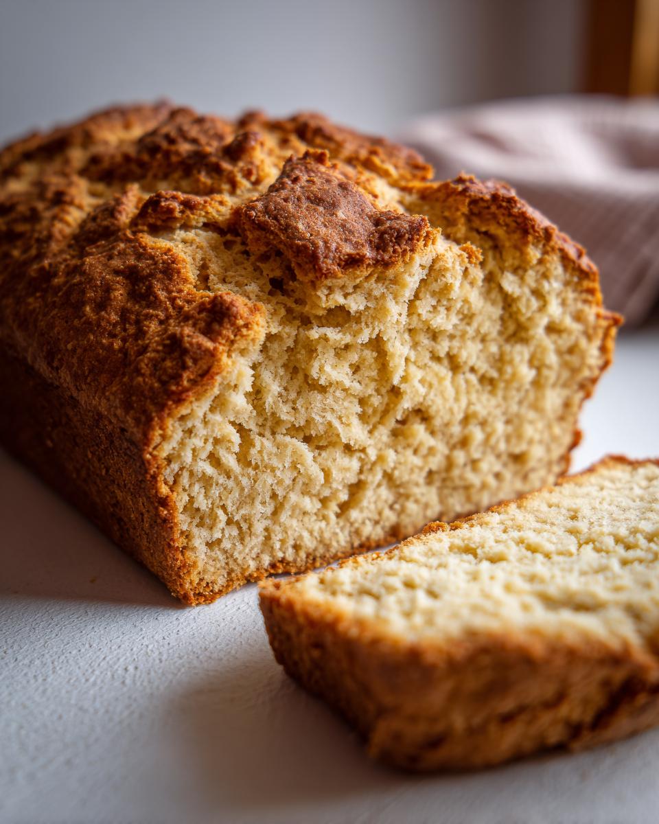 A close-up shot showing the crumb texture of a freshly baked loaf of soda bread, with one slice cut and resting beside it.