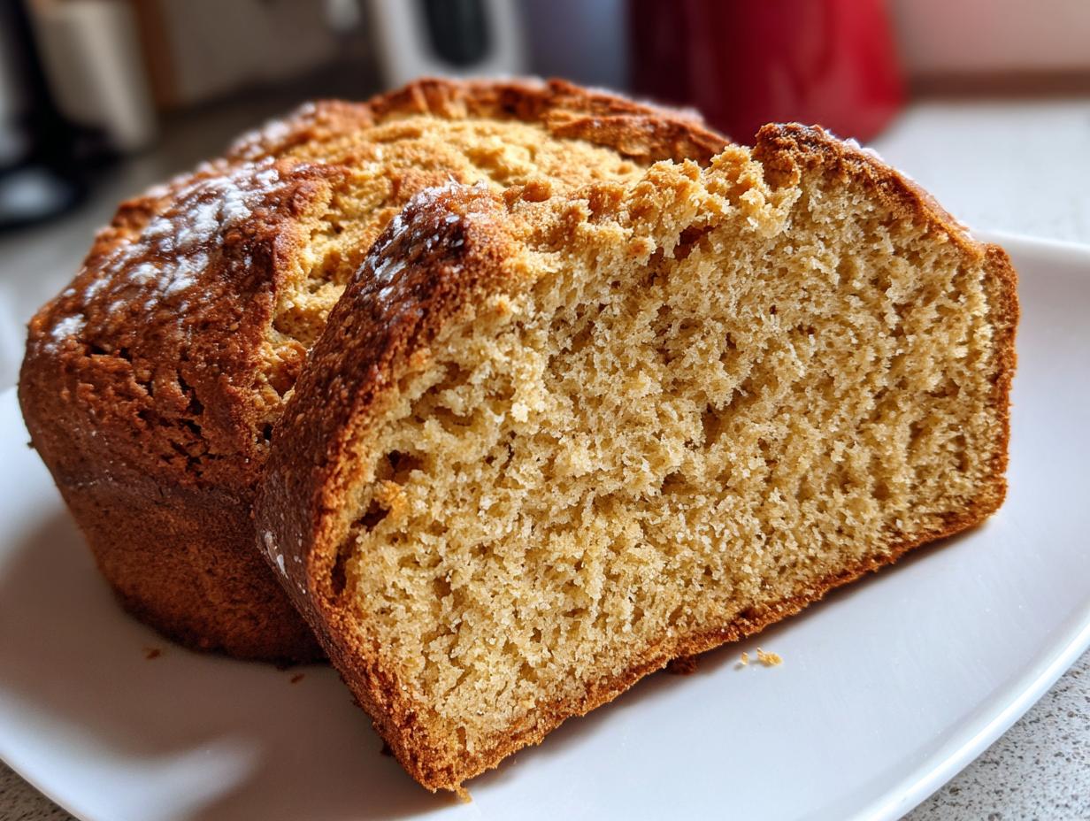 A close-up view of a freshly baked slice of golden brown soda bread, showing its soft, crumbly interior texture.