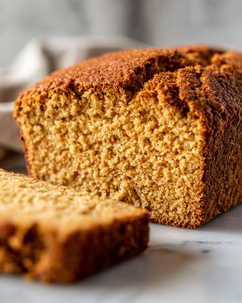 Close-up of a loaf of golden brown soda bread, showing the crumb texture with one slice cut in the foreground.