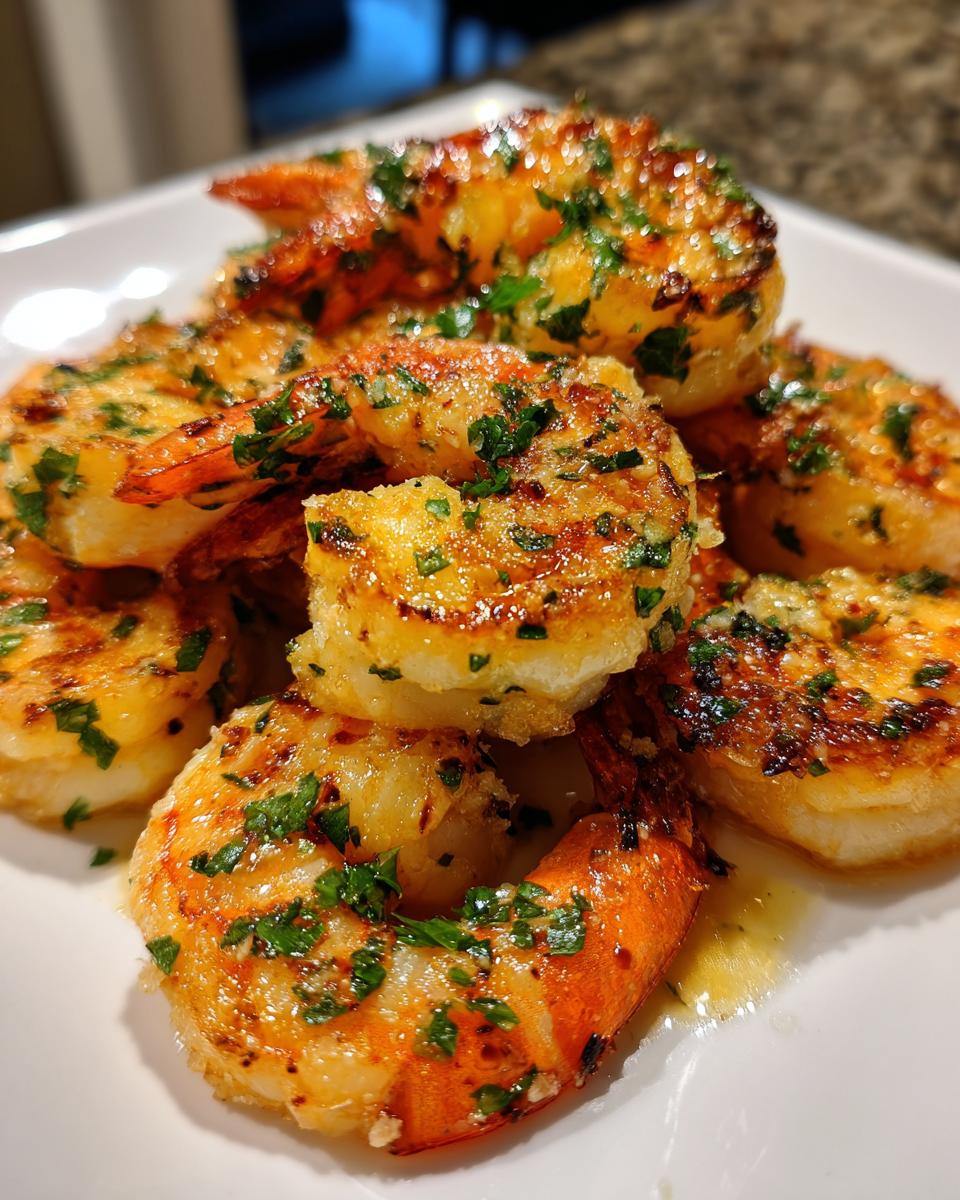 Close-up of golden-brown, juicy air fryer shrimp seasoned with garlic and fresh parsley.