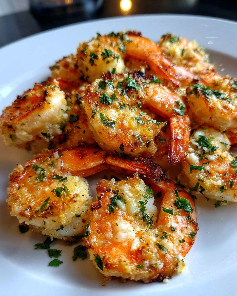 Close-up of golden brown, seasoned air fryer shrimp piled on a white plate, garnished with fresh parsley.