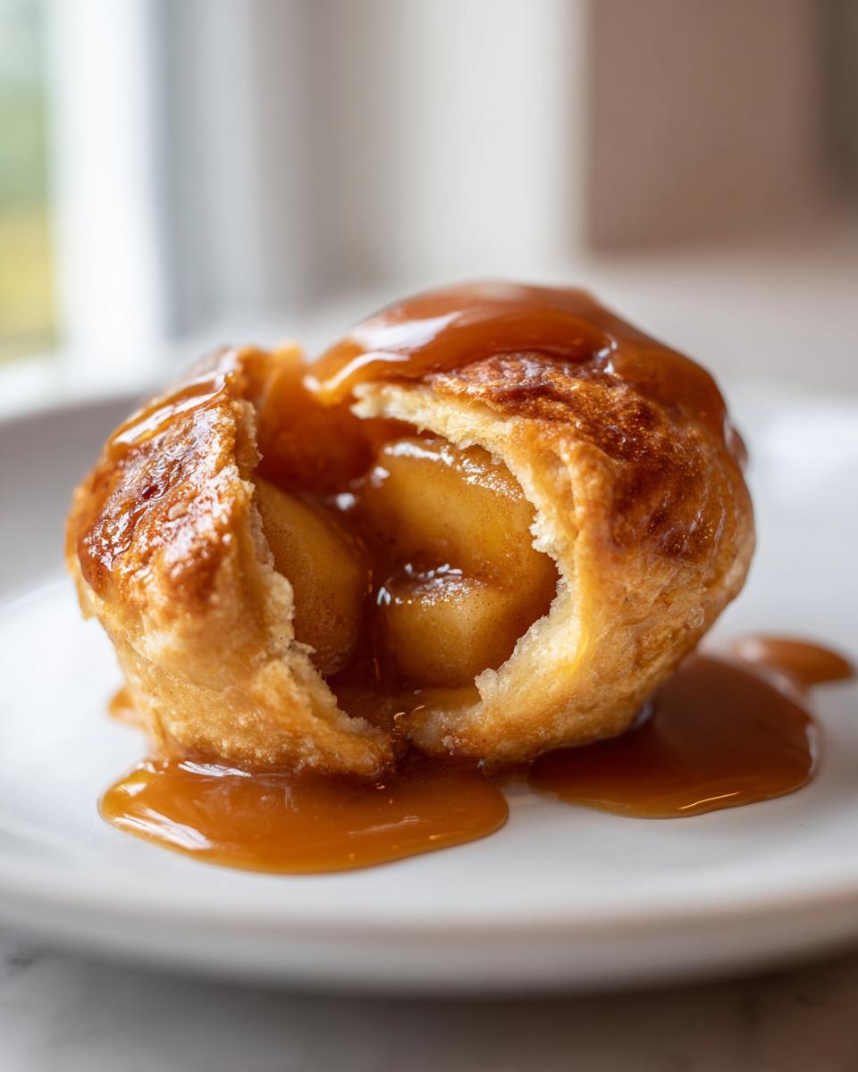 A golden baked apple dumpling, split open to reveal spiced apple filling, drizzled heavily with caramel sauce.