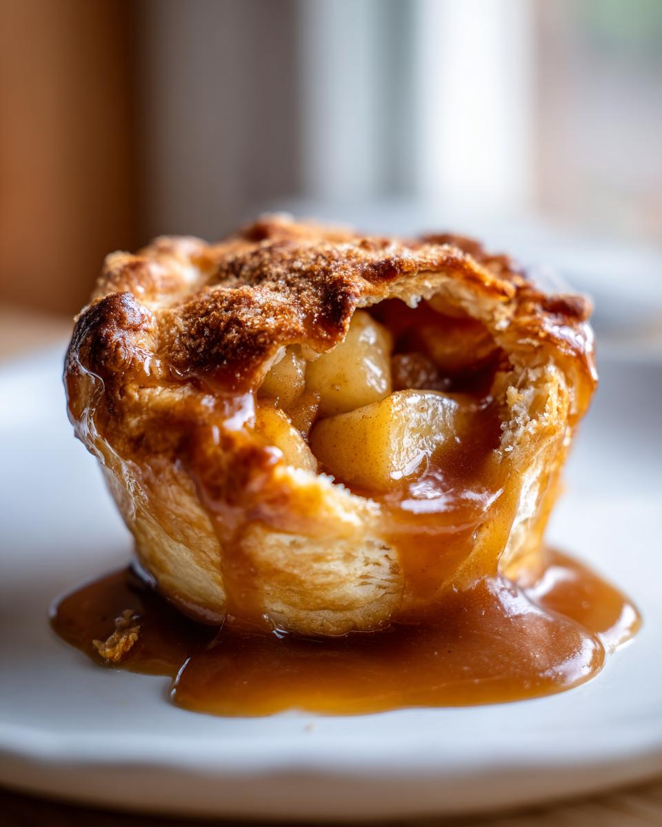 A single, warm apple dumpling overflowing with spiced apple filling and rich caramel sauce on a white plate.