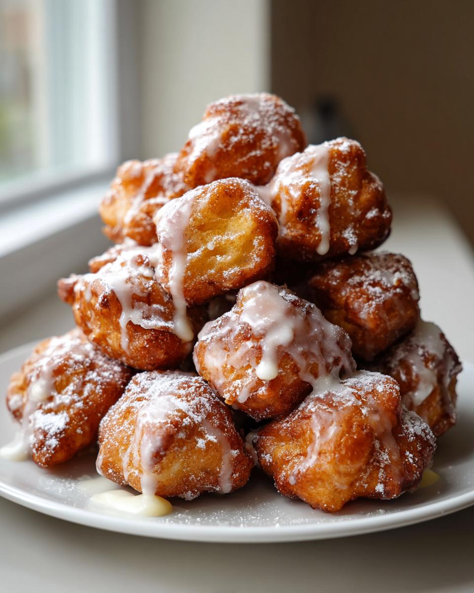 A tall stack of golden brown apple fritter bites drizzled with white glaze and dusted with powdered sugar.
