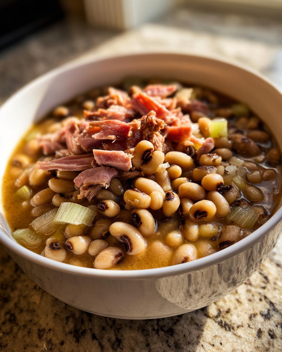 Close-up of a white bowl filled with a savory black eyed peas recipe, topped generously with shredded ham and celery.
