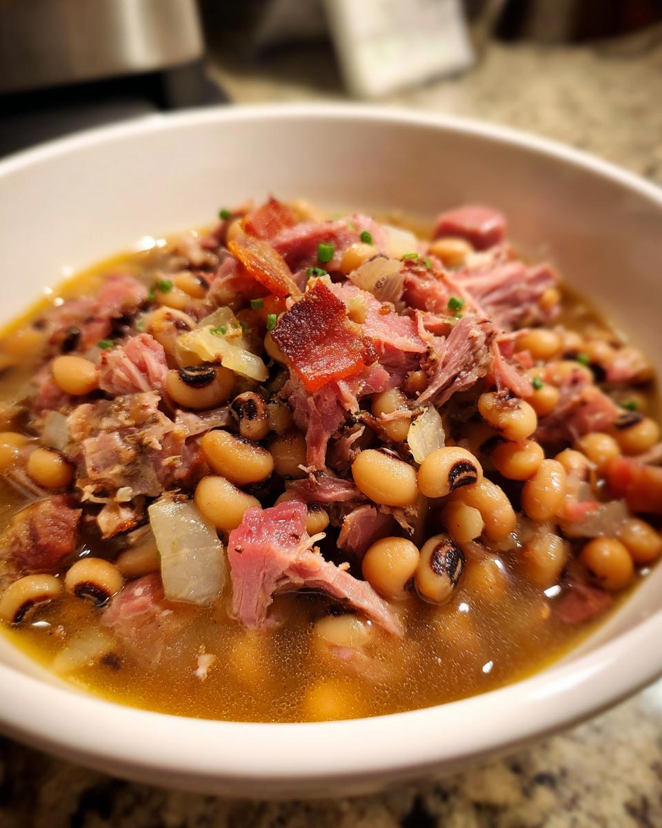 Close-up of a white bowl filled with a savory black eyed peas recipe, featuring ham, bacon, and onions in broth.