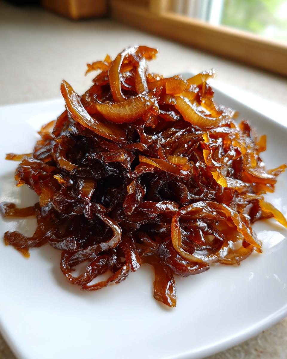 A close-up of a mound of deeply browned, glossy caramelized onions served on a square white plate.
