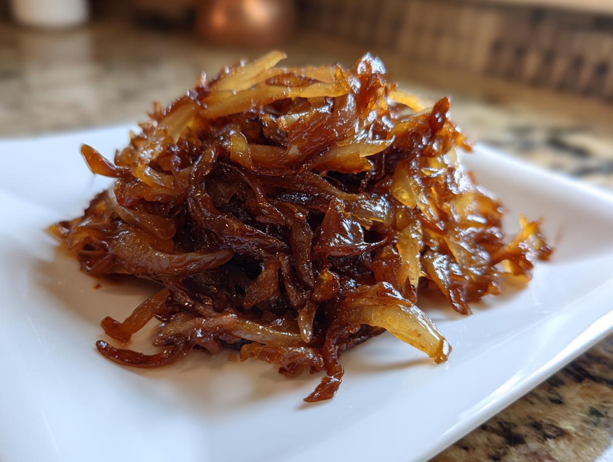 A close-up of a mound of rich, dark brown caramelized onions served on a white square plate.