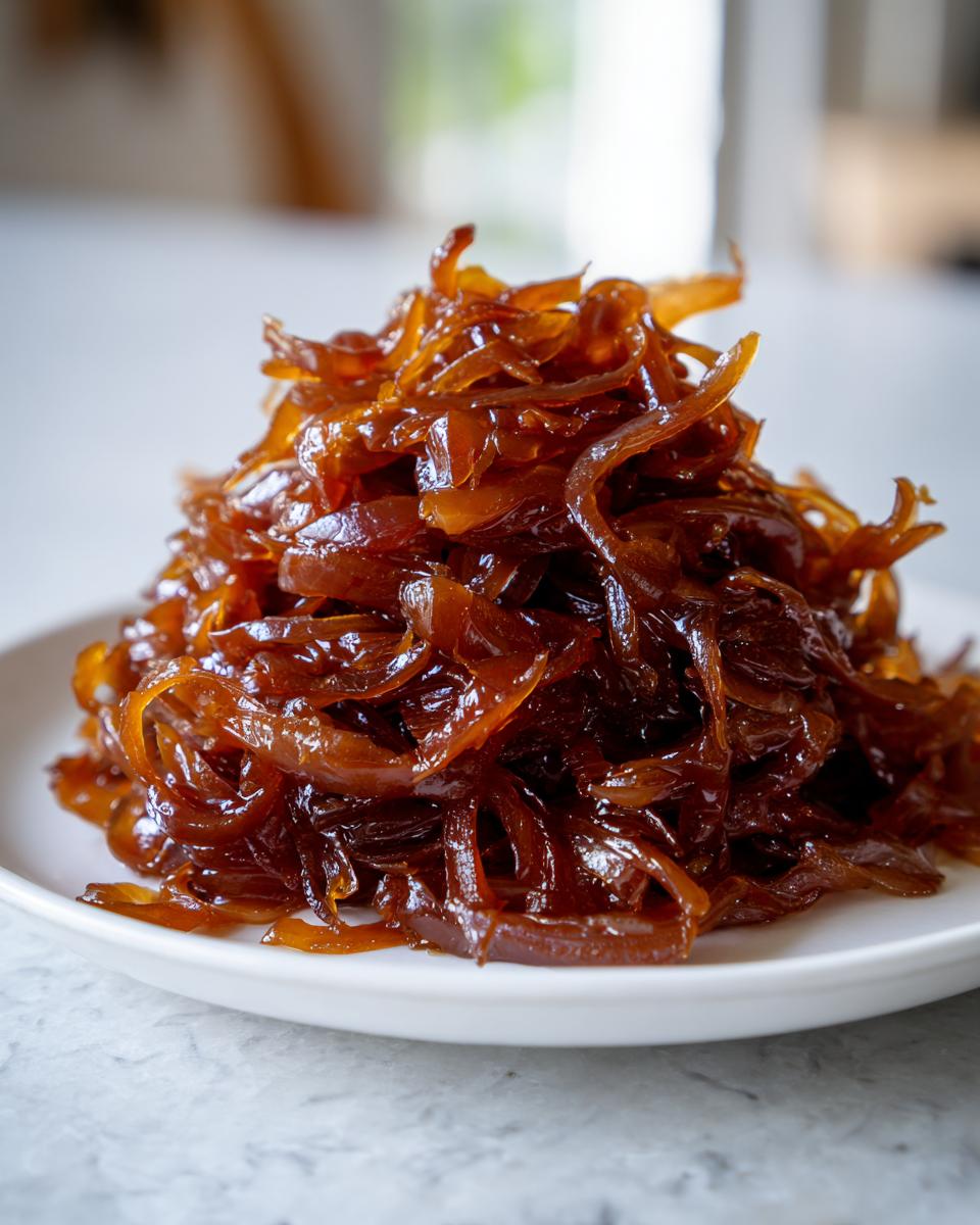 A close-up shot of a generous mound of deeply browned, glossy caramelized onions served on a white plate.