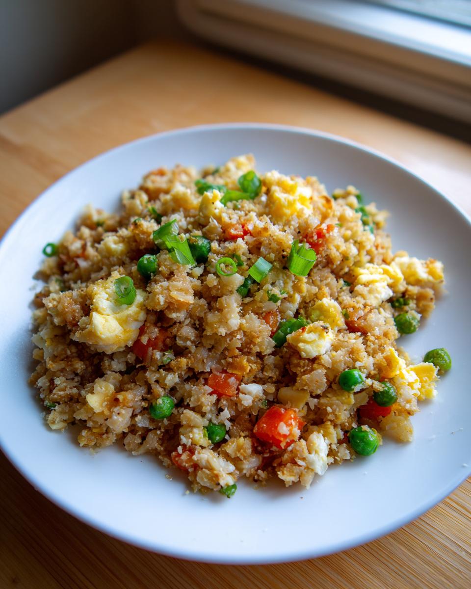 A plate piled high with homemade cauliflower fried rice, featuring scrambled egg pieces, peas, carrots, and green onions.