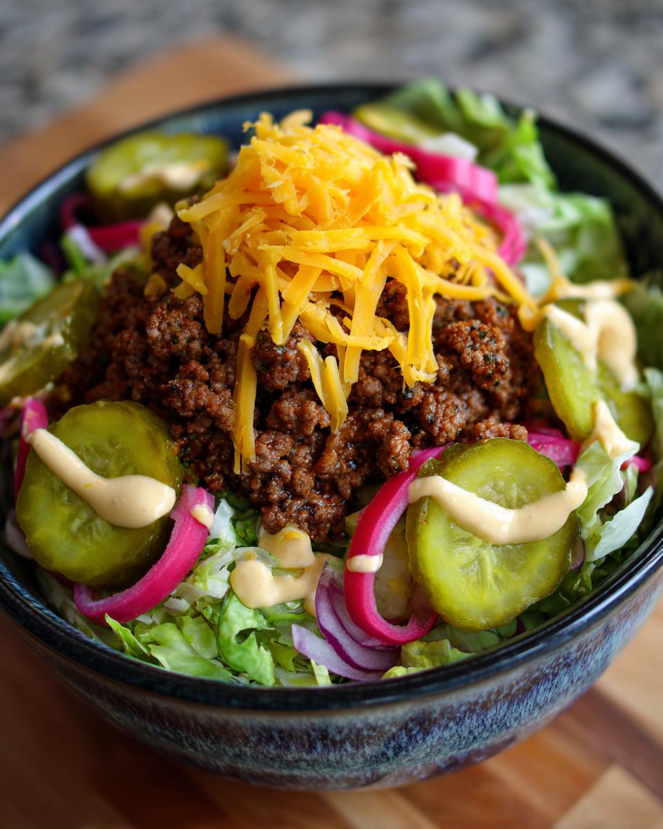 A close-up of an amazing cheeseburger bowl featuring seasoned ground beef, shredded cheddar, pickles, and pink onions over lettuce.