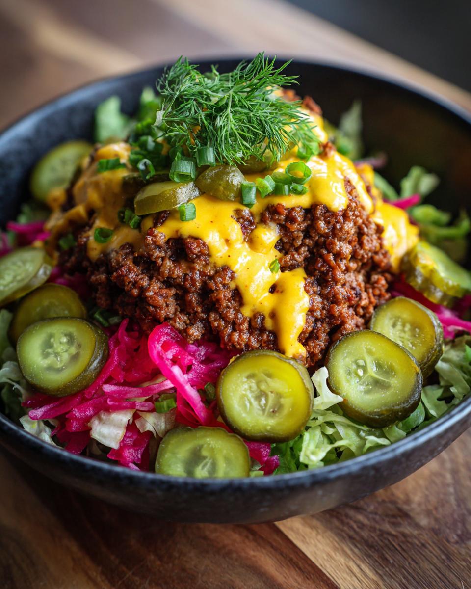 A close-up of an amazing cheeseburger bowl featuring seasoned ground beef, melted cheese sauce, pickles, and dill.